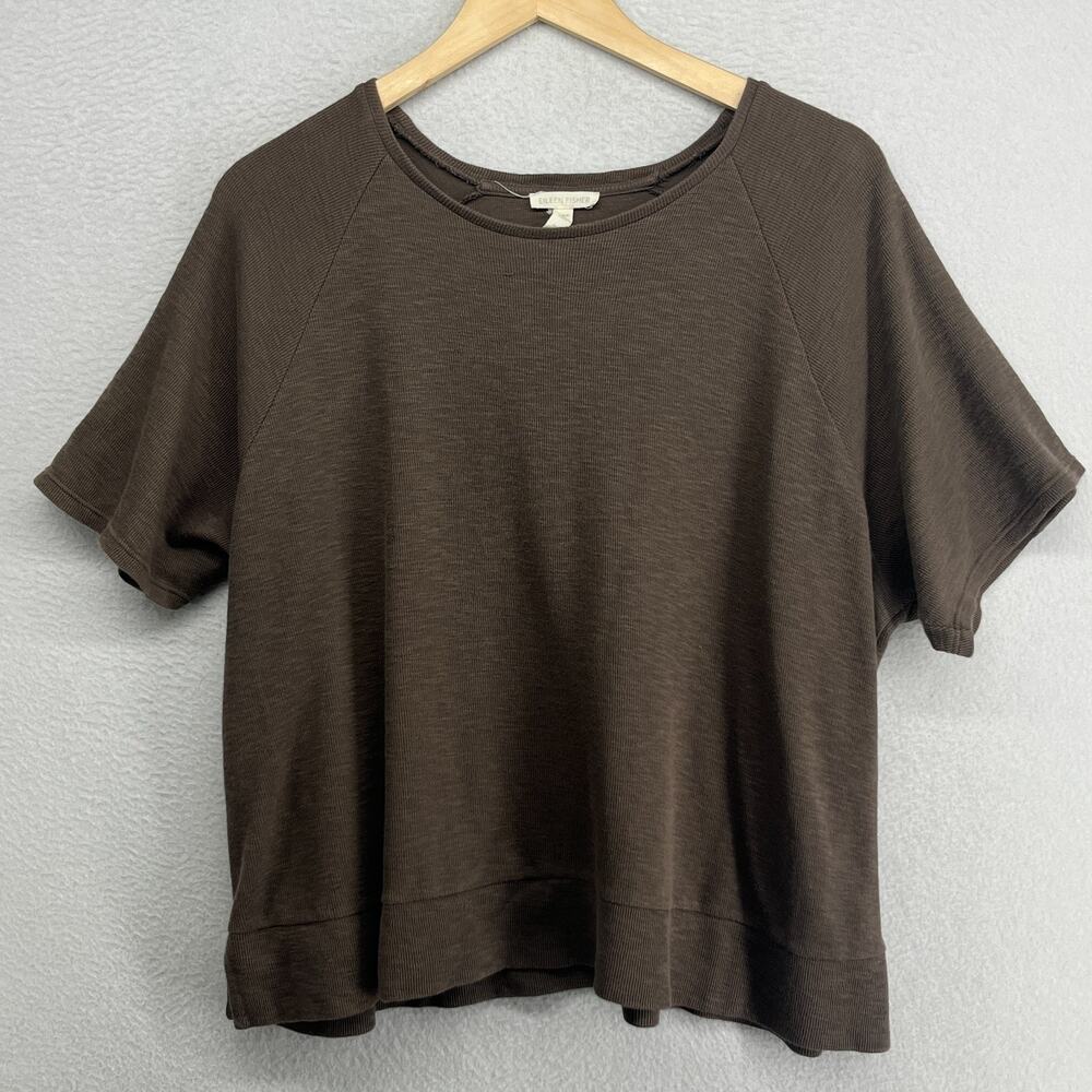 EILEEN FISHER Top M Ribbed Slub Organic Cotton Jersey Boxy Short Sleeve Brown